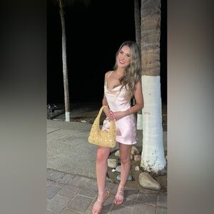 White fox ombré pastel satin cowl neck lace up back mini slip dress sz XS party